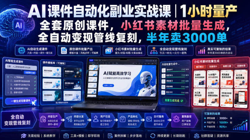 AI课件自动化副业实战课｜1小时量产全套原创课件，小红书素材批量生成，全自动变现管线复刻，半年卖3000单-梦清研习社
