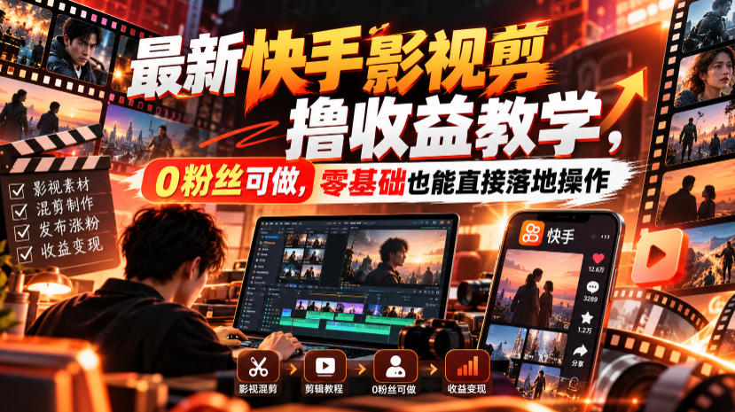 最新快手影视混剪撸收益教学，0粉丝可做，零基础也能直接落地操作-梦清研习社