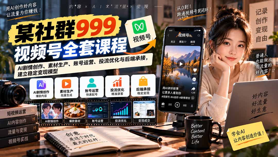 【无水印】某社群999视频号全套课程：AI剧情创作、素材生产、账号运营、投流优化与后端承接，建立稳定变现模型-梦清研习社