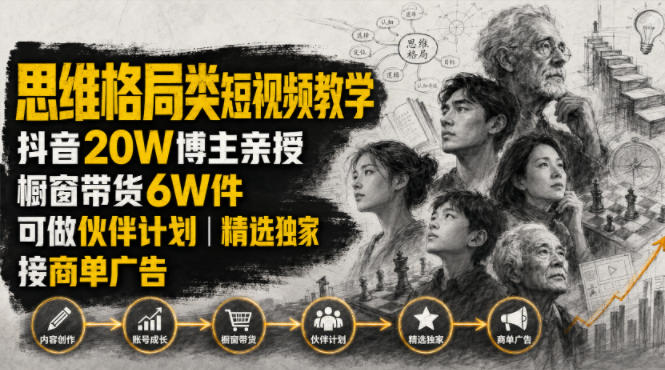 人性思维格局类短视频教学,抖音20W博主亲授,橱窗带货6W件,可做伙伴计划、精选独家、接商单广告-梦清研习社