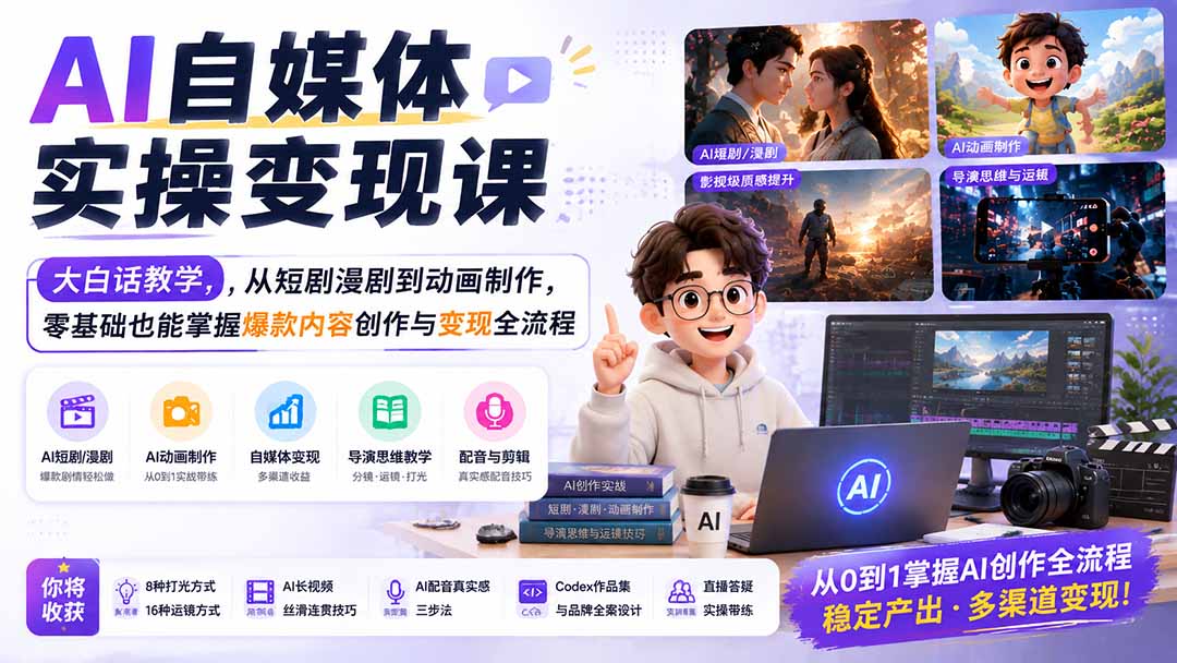 AI自媒体实操变现课｜大白话教学，从短剧漫剧到动画制作，零基础也能掌握爆款内容创作与变现全流程-梦清研习社