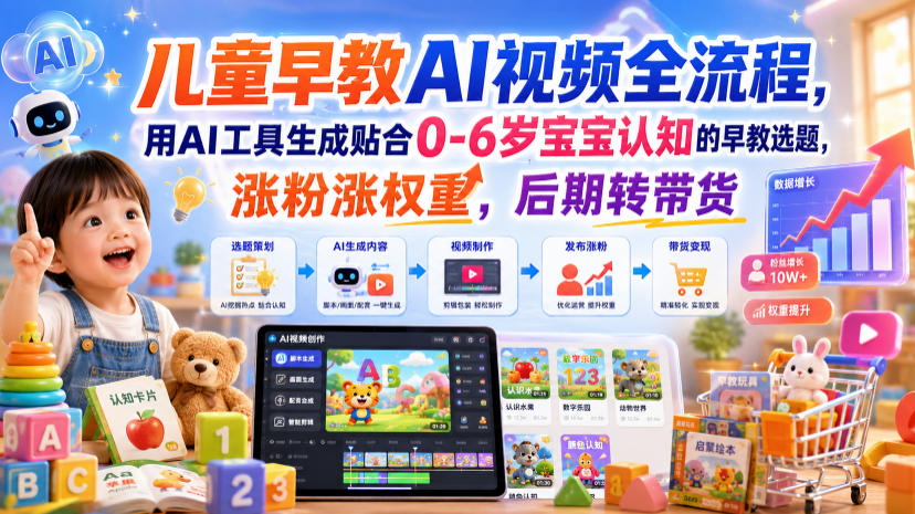 儿童早教AI视频全流程,用AI工具生成贴合0-6岁宝宝认知的早教选题,涨粉涨权重,后期转带货-梦清研习社