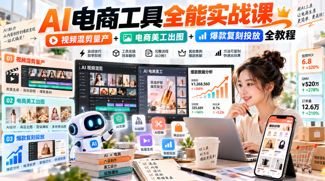 AI电商工具全能实战教学，视频混剪量产+电商美工出图+爆款复刻投放全教程​-梦清研习社
