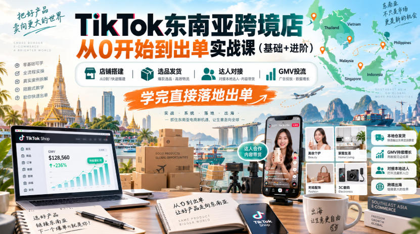 TikTok东南亚跨境店从0开始到出单实战课(基础+进阶)，店铺搭建、选品发货、达人对接、GMV投流，学完直接落地出单-梦清研习社