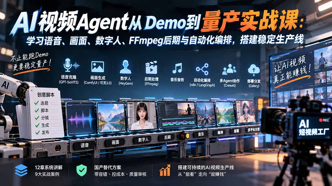 AI视频Agent从Demo到量产实战课：学习语音、画面、数字人、FFmpeg后期与自动化编排，搭建稳定生产线-梦清研习社