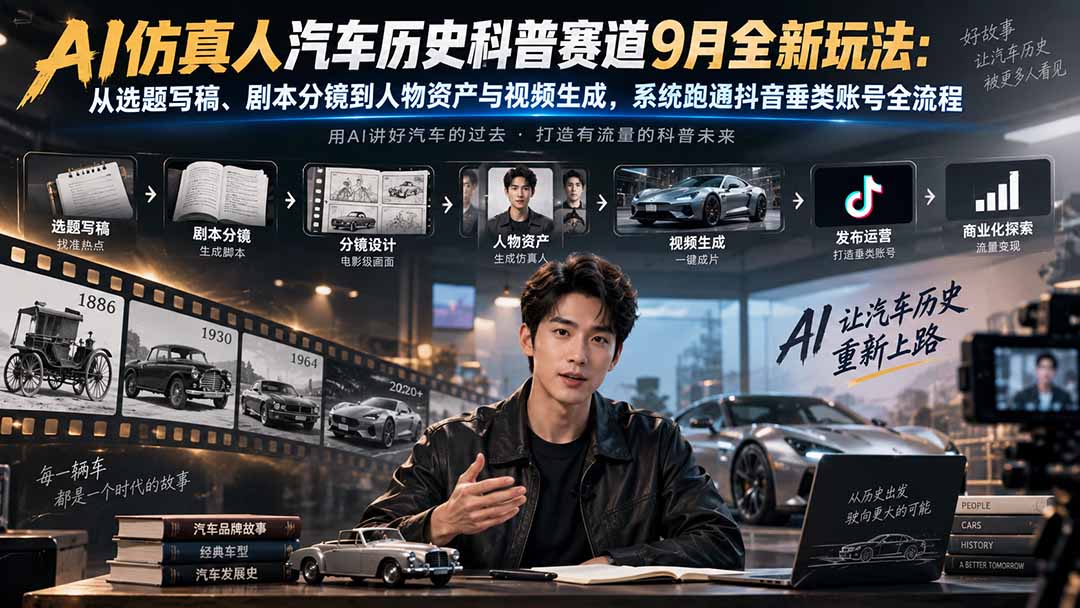 AI仿真人汽车历史科普赛道9月全新玩法：从选题写稿、剧本分镜到人物资产与视频生成，系统跑通抖音垂类账号全流程-梦清研习社