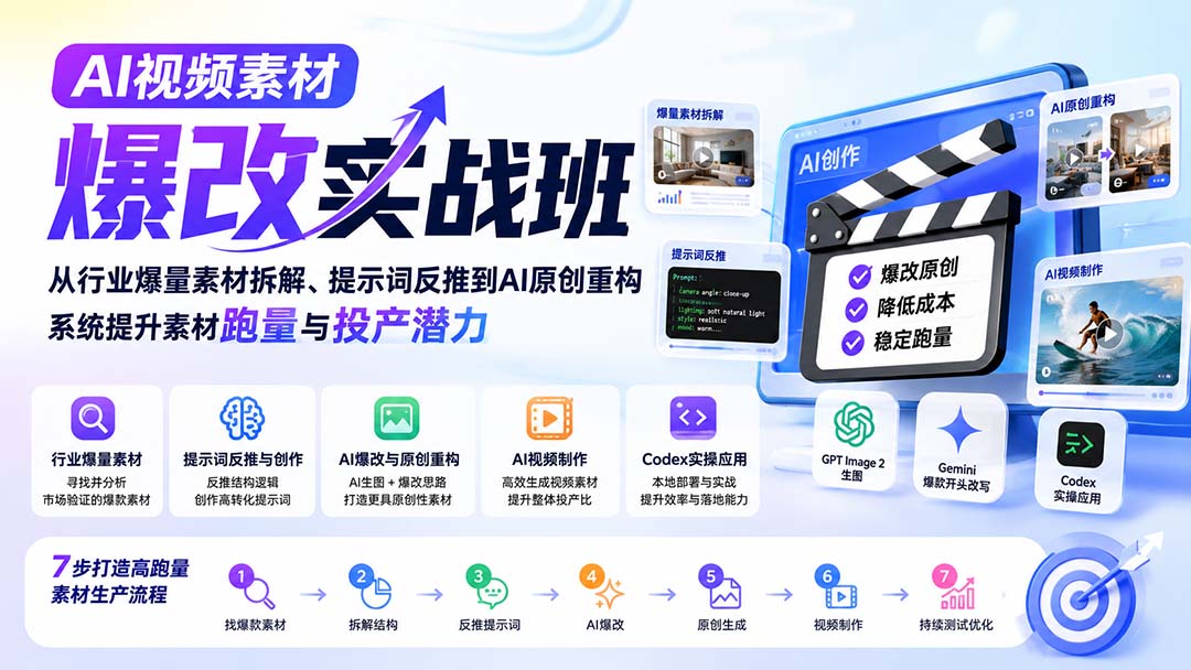 AI视频素材爆改实战班-更新8月：从行业爆量素材拆解、提示词反推到AI原创重构，系统提升素材跑量与投产潜力-梦清研习社