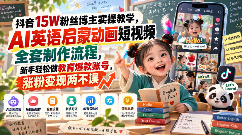 抖音15W粉丝博主实操教学，AI英语启蒙动画短视频全套制作流程，新手轻松做教育爆款账号，涨粉变现两不误-梦清研习社