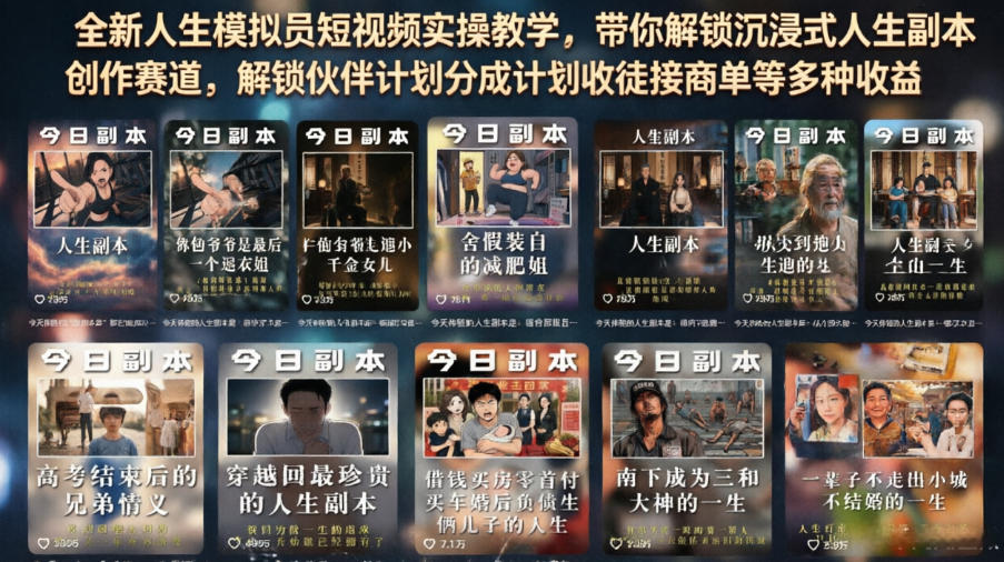 全新人生模拟员短视频实操教学，带你解锁沉浸式人生副本创作赛道，解锁伙伴计划分成计划收徒接商单等多种收益-梦清研习社