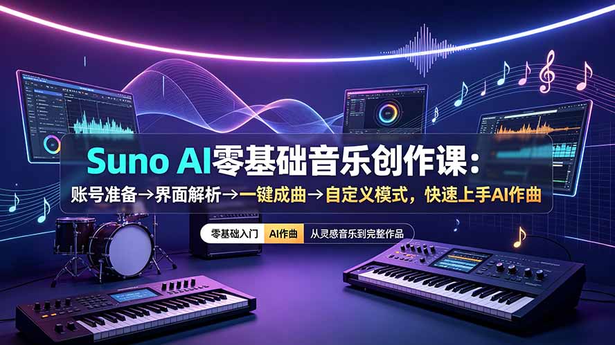 Suno AI零基础音乐创作课：账号准备→界面解析→一键成曲→自定义模式，快速上手AI作曲-梦清研习社