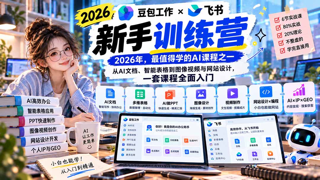 2026豆包工作+飞书新手训练营-9月新课：从AI文档、智能表格到图像视频与网站设计，一套课程全面入门-梦清研习社