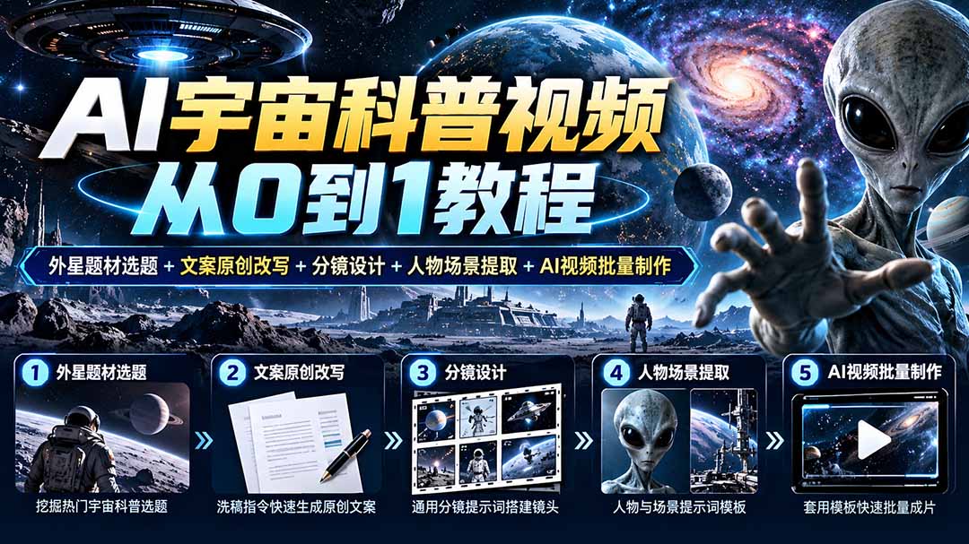 AI宇宙科普视频从0到1教程｜外星题材选题+文案原创改写+分镜设计+人物场景提取+AI视频批量制作-梦清研习社