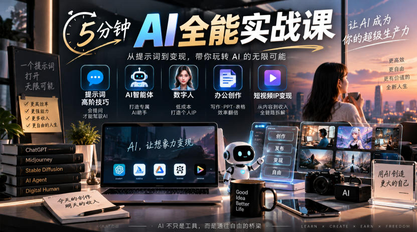 5分钟AI全能实战课｜提示词高阶技巧+AI智能体+数字人+办公创作+短视频IP变现全教程-梦清研习社