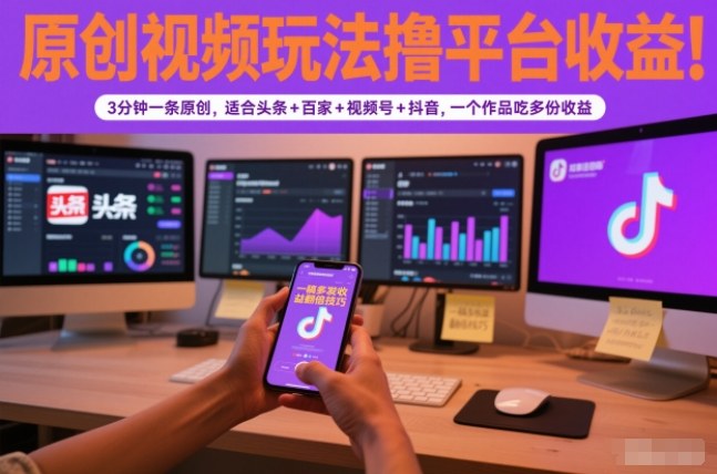 原创视频玩法撸平台收益,3分钟一条原创,适合头条+百家+视频号+抖音,一个作品吃多份收益-梦清研习社