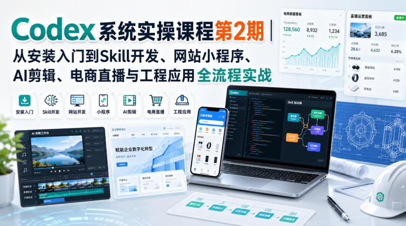 Codex系统实操课程第2期｜从安装入门到Skill开发、网站小程序、AI剪辑、电商直播与工程应用全流程实战-梦清研习社