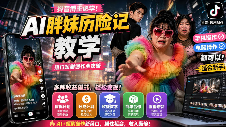 抖音博主的AI胖妹历险记教学，伙伴计划+分成计划+收徒+商单等多种收益，适合新手，手机电脑都可以操作-梦清研习社