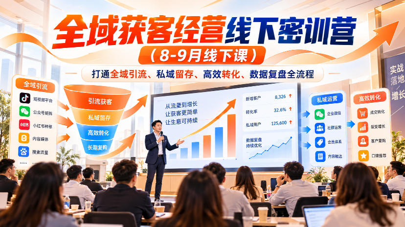 全域获客经营线下密训营(8-9月线下课)，打通全域引流、私域留存、高效转化、数据复盘全流程-梦清研习社