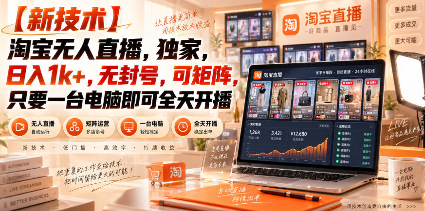 【独家新技术】淘宝无人直播，日入1k+，无封号，可矩阵，只要一台电脑即可全天开播【揭秘】-梦清研习社