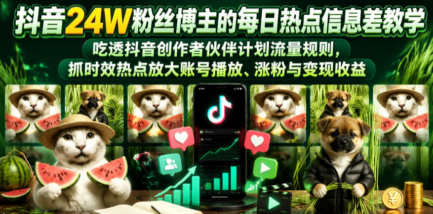 抖音24W粉丝博主的每日热点信息差教学，吃透创作者伙伴计划流量规则，抓时效热点放大账号播放、涨粉与变现收益-梦清研习社