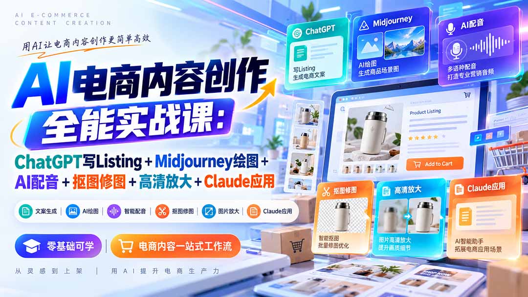 【无水印】AI电商内容创作全能实战课:ChatGPT写Listing+Midjourney绘图+AI配音+抠图修图+高清放大+Claude应用-梦清研习社