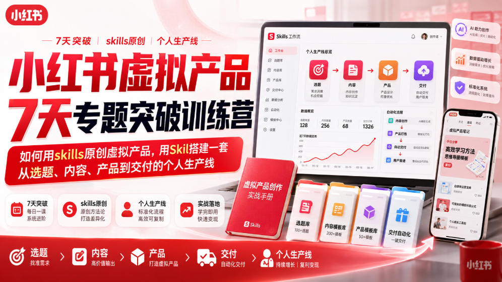 小红书虚拟产品7天专题突破训练营，如何用skills原创虚拟产品，用Skil搭建一套从选题、内容、产品到交付的个人生产线-梦清研习社