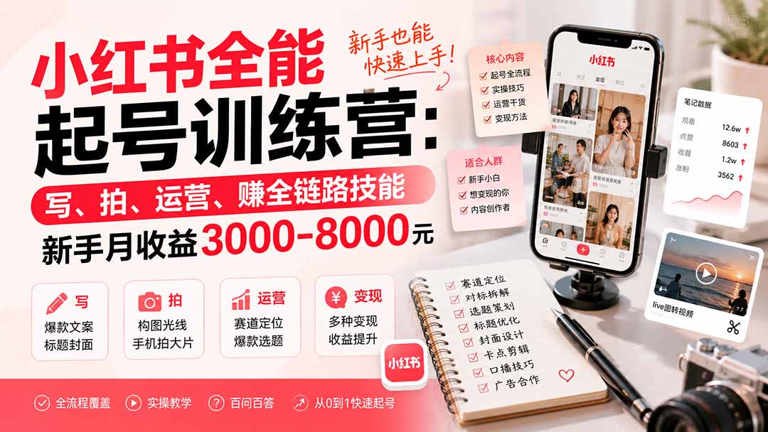 小红书全能起号训练营-更新：写、拍、运营、赚全链路技能，新手月收益3000-8000元-梦清研习社