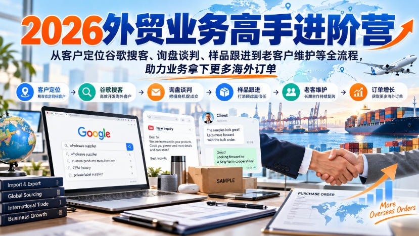 2026外贸业务高手进阶营，从客户定位谷歌搜客、询盘谈判、样品跟进到老客户维护等全流程，助力业务拿下更多海外订单-梦清研习社