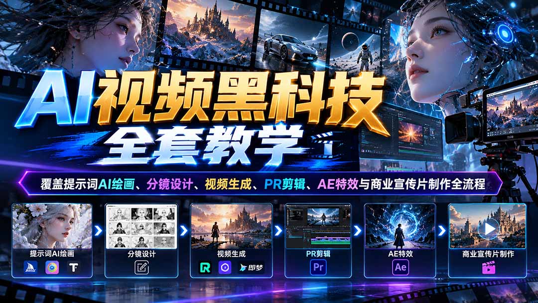 AI视频黑科技全套教学：覆盖提示词AI绘画、分镜设计、视频生成、PR剪辑、AE特效与商业宣传片制作全流程-梦清研习社