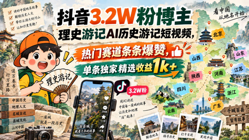 抖音3.2W粉博主理史游记AI历史游记短视频教学，热门赛道条条爆赞，单条独家精选收益1k+-梦清研习社