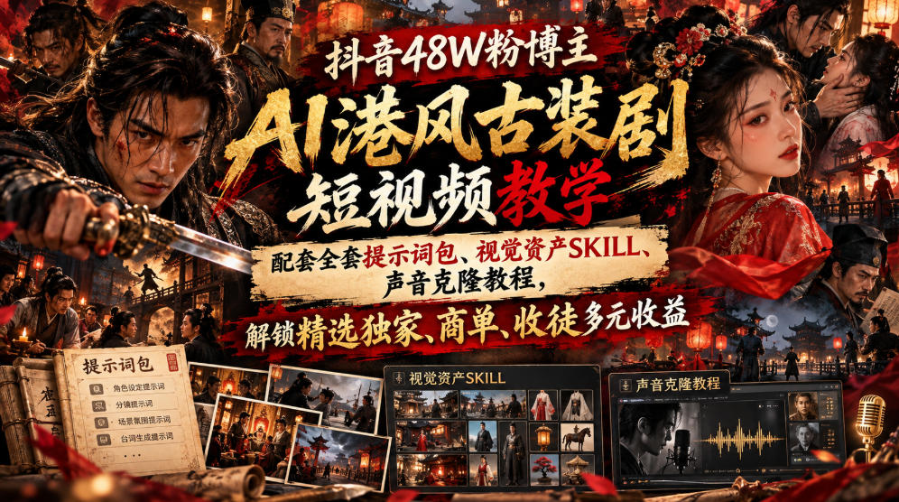 抖音48W粉博主AI港风古装剧短视频教学，配套全套提示词包、视觉资产SKILL、声音克隆教程，解锁精选独家、商单、收徒多元收益-梦清研习社