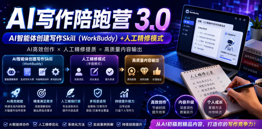 AI写作陪跑营3.0，Ai智能体创建写作skill(workbuddy)+人工手写模式(手搓模式)，去除AI痕迹(头条号、公众号、百家号)(更新0806)-梦清研习社