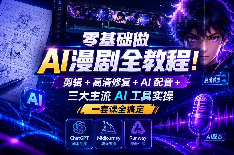 零基础做AI漫剧全教程!剪辑+高清修复+AI配音+三大主流AI工具实操,一套课全搞定-梦清研习社