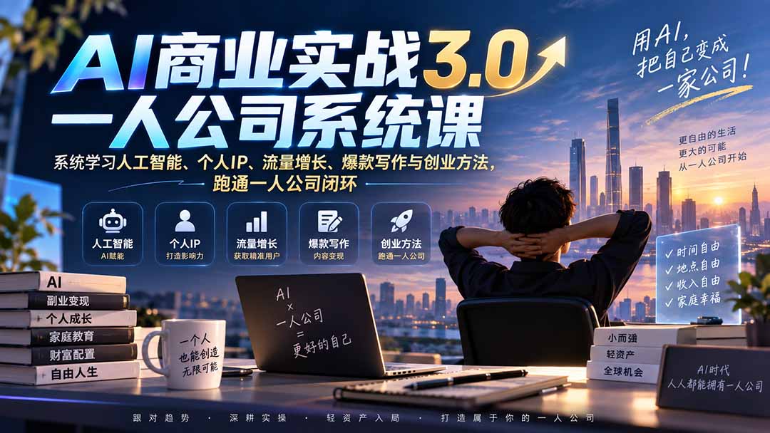 AI商业实战3.0一人公司系统课：系统学习人工智能、个人IP、流量增长、爆款写作与创业方法，跑通一人公司闭环-梦清研习社