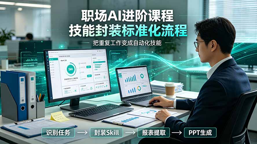 职场AI进阶课程；多类实用Skill工具实操，专属技能封装标准化流程，报表行业报告一键提取核心内容-梦清研习社