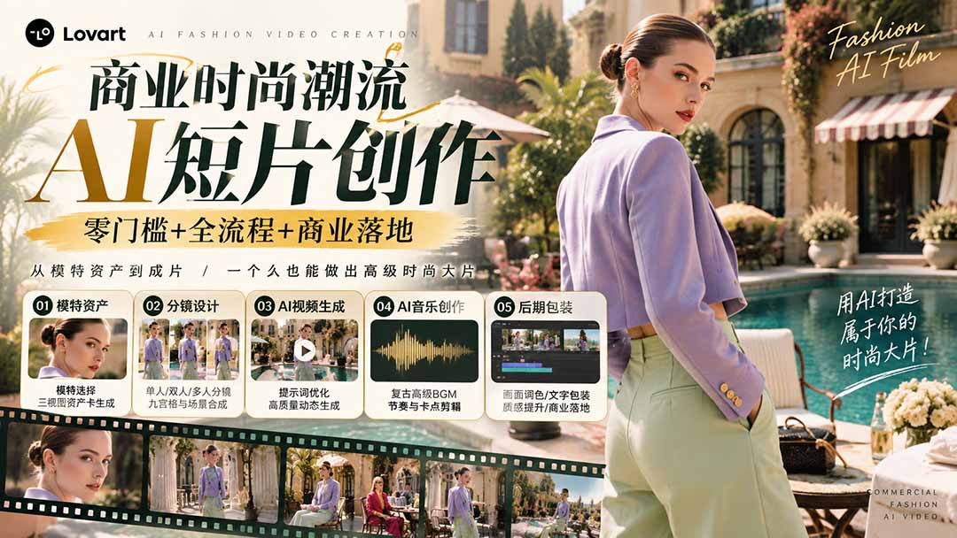 从一张模特图到高级时尚广告大片：AI三视图资产、场景合成、电影分镜、动态生成与复古音乐剪辑实战课-梦清研习社