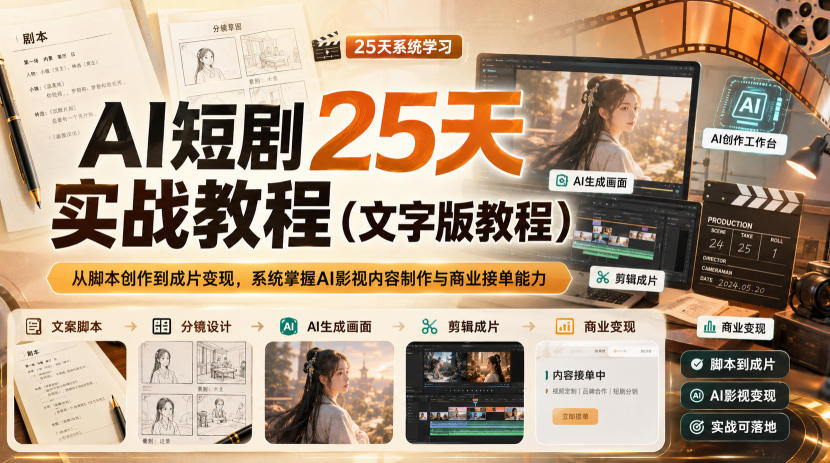 AI短剧25天实战教程(文字版教程)，从脚本创作到成片变现，系统掌握AI影视内容制作与商业接单能力-梦清研习社