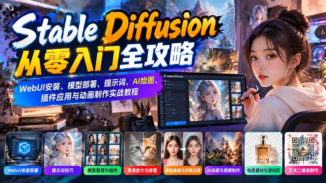 Stable Diffusion从零入门全攻略：WebUI安装、模型部署、提示词、AI绘图、插件应用与动画制作实战教程-梦清研习社