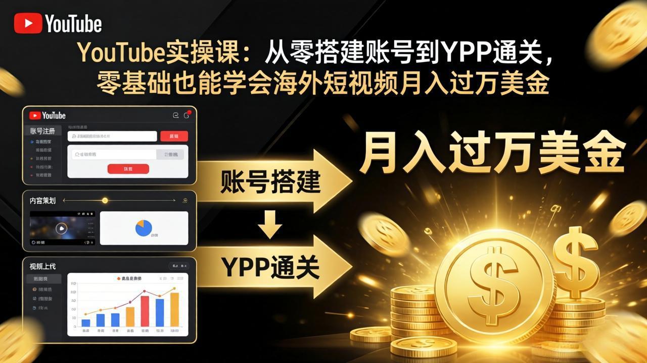 YouTube实操课：从零搭建账号到YPP通关，零基础也能学会海外短视频月入过万美金-梦清研习社