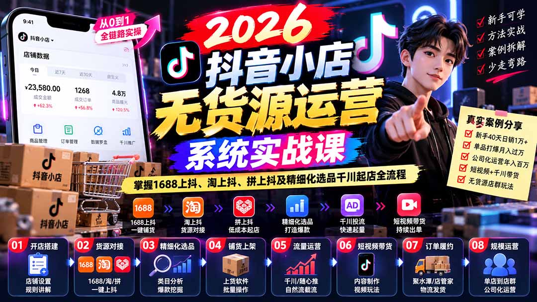 【无水印】2026抖音小店无货源运营系统实战课：掌握1688上抖、淘上抖、拼上抖及精细化选品千川起店全流程-梦清研习社