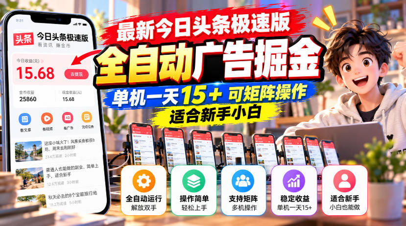 最新今日头条极速版全自动广告掘金，单机一天15+可矩阵操作适合新手小白-梦清研习社