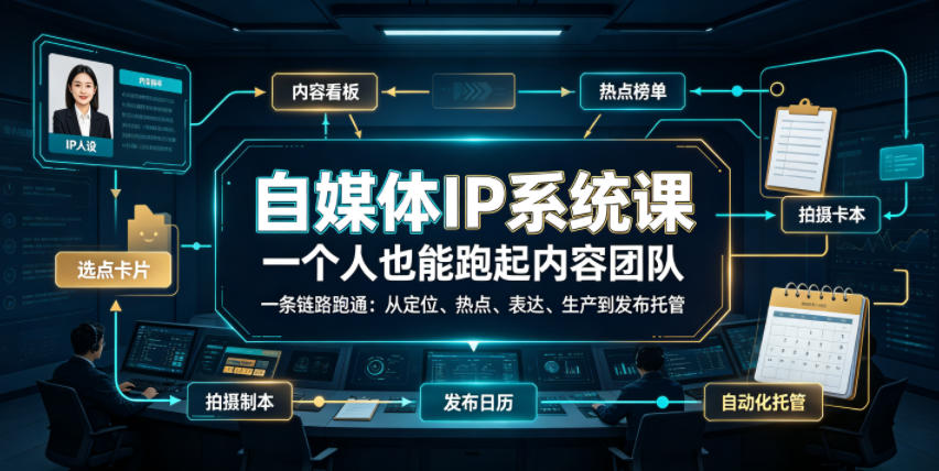 自媒体IP系统课，一个人也能跑起内容团队，一条链路跑通，从定位、热点、表达、生产到发布托管-梦清研习社