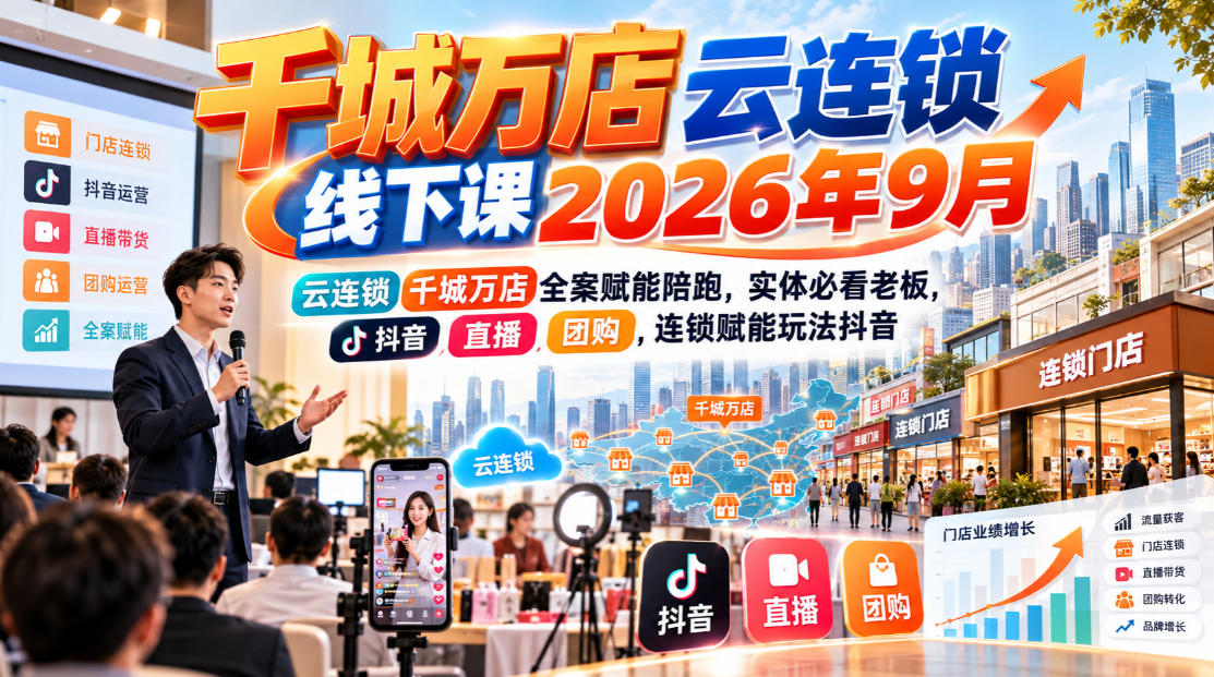 千城万店云连锁线下课2026年9月，云连锁千城万店全案赋能陪跑，实体必看老板，抖音，直播，团购，连锁赋能玩法抖音-梦清研习社