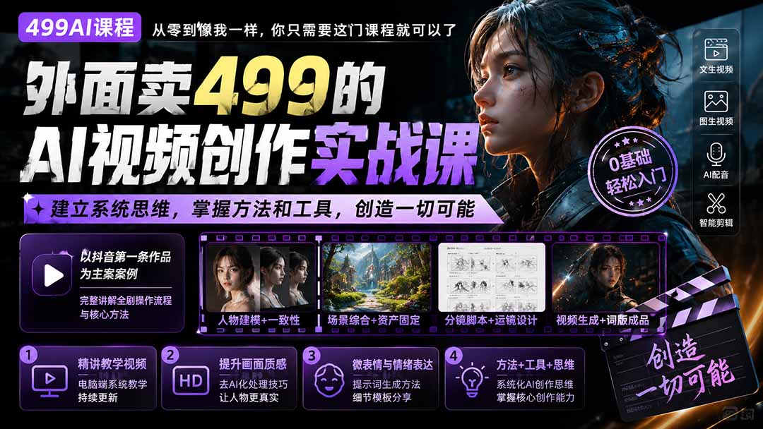 外面卖499的AI视频创作实战课：建立系统思维，掌握方法和工具，创造一切可能。-梦清研习社