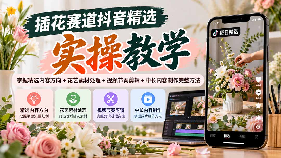 插花赛道抖音精选实操教学：掌握精选内容方向+花艺素材处理+视频节奏剪辑+中长内容制作完整方法-梦清研习社
