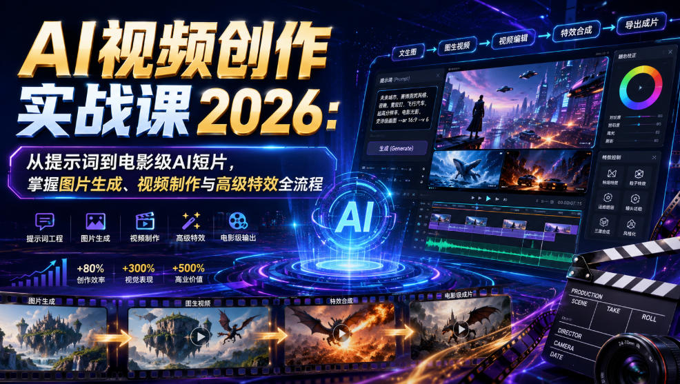 AI视频创作实战课2026：从提示词到电影级AI短片，掌握图片生成、视频制作与高级特效全流程-梦清研习社