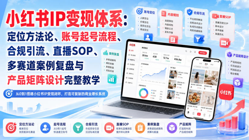 小红书IP变现体系：定位方法论、账号起号流程、合规引流、直播SOP、多赛道案例复盘与产品矩阵设计完整教学-梦清研习社
