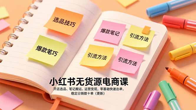 小红书无货源电商课，开店选品、笔记搬运、运营变现，零基础快速出单，稳定日销数十单(更新-梦清研习社