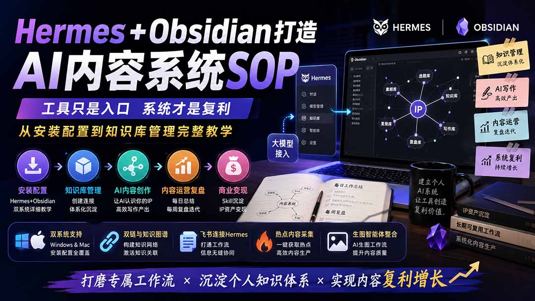 Hermes+Obsidian打造AI内容系统SOP；工具只是入口系统才是复利，从安装配置到知识库管理完整教学-梦清研习社