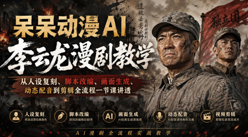 呆呆动漫AI李云龙漫剧教学，从人设复刻、脚本改编、画面生成、动态配音到剪辑全流程一节课讲透-梦清研习社