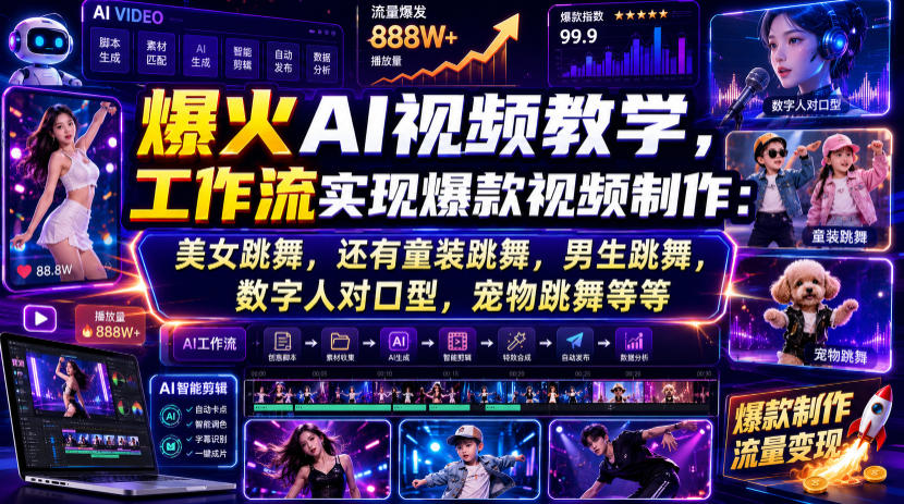 爆火AI视频教学，工作流实现爆款视频制作：美女跳舞，还有童装跳舞，男生跳舞，数字人对口型，宠物跳舞等等-梦清研习社